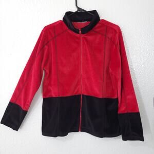 Velour Jacket Womens Size 10 Red and Black Colorblock Stretch Zipper Lon…